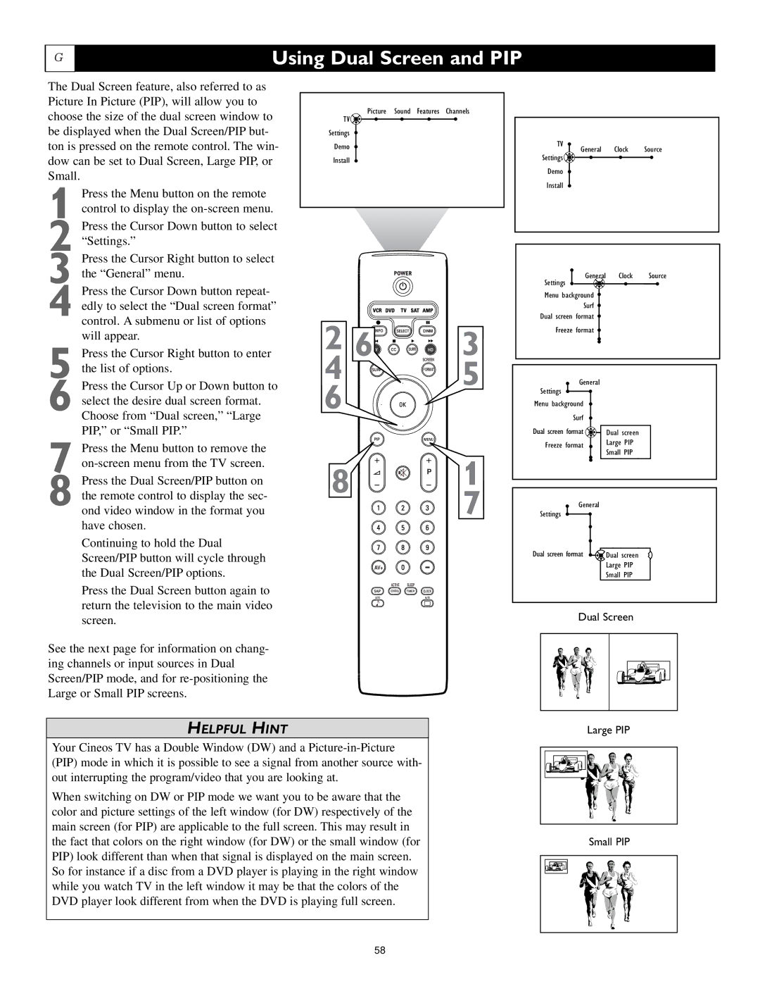 Philips 55PL9224, 62PL9524, 55PL9524 setup guide Using Dual Screen and PIP 