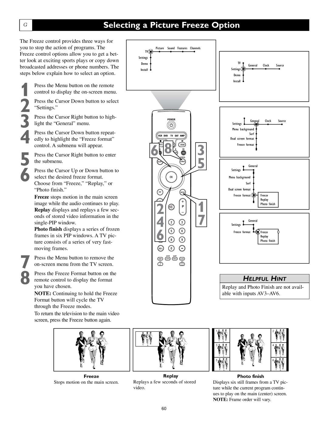 Philips 62PL9524, 55PL9224, 55PL9524 setup guide Selecting a Picture Freeze Option, Photo finish 