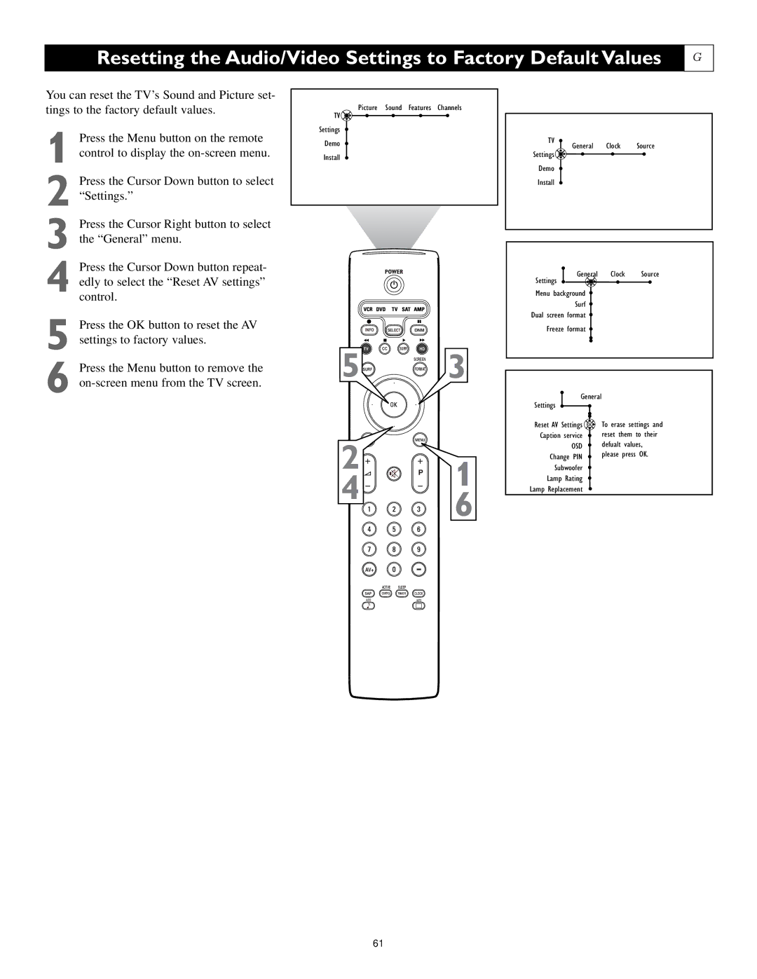 Philips 55PL9224, 62PL9524, 55PL9524 setup guide Resetting the Audio/Video Settings to Factory Default Values 