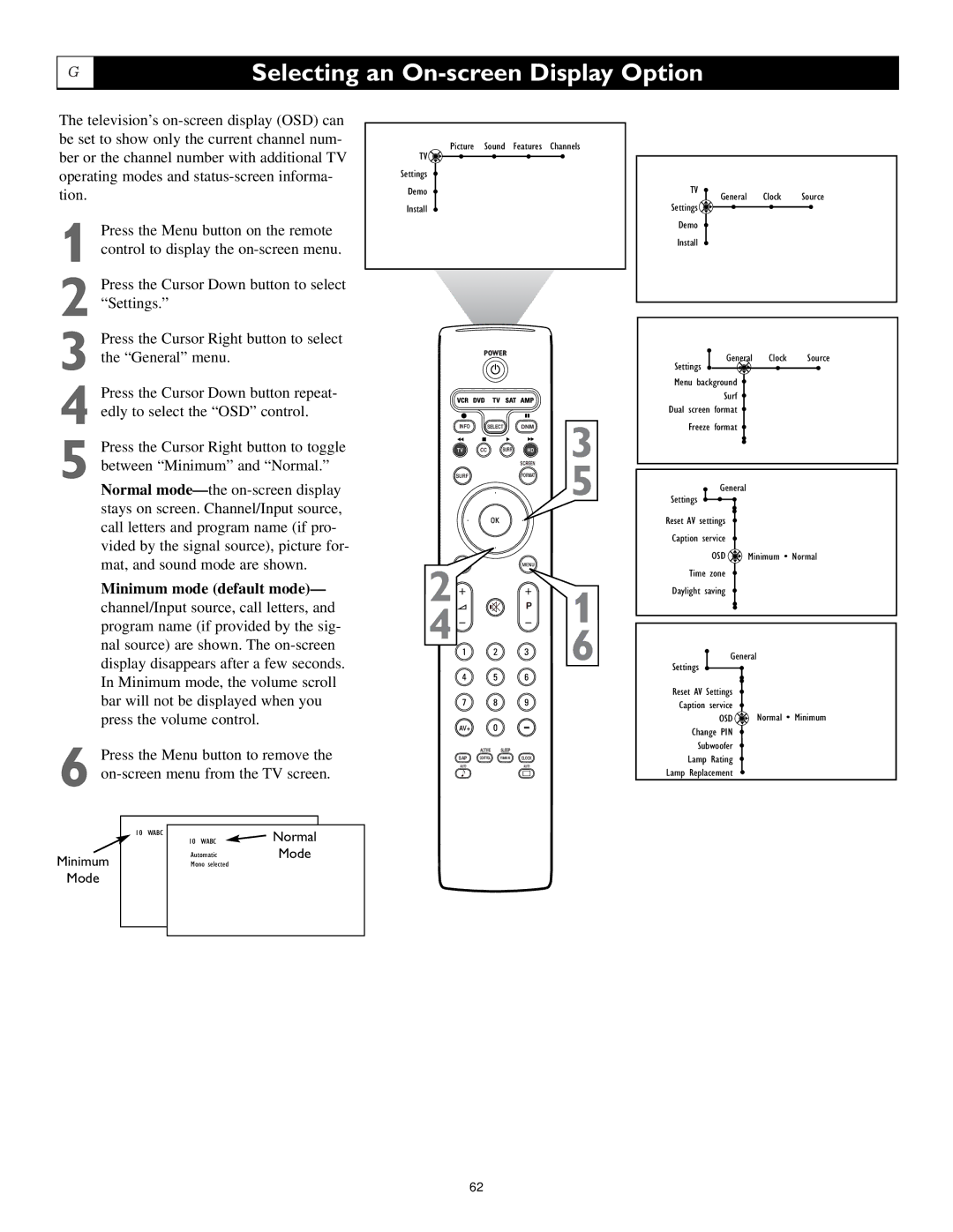 Philips 55PL9524, 62PL9524, 55PL9224 setup guide Selecting an On-screen Display Option, Minimum mode default mode 