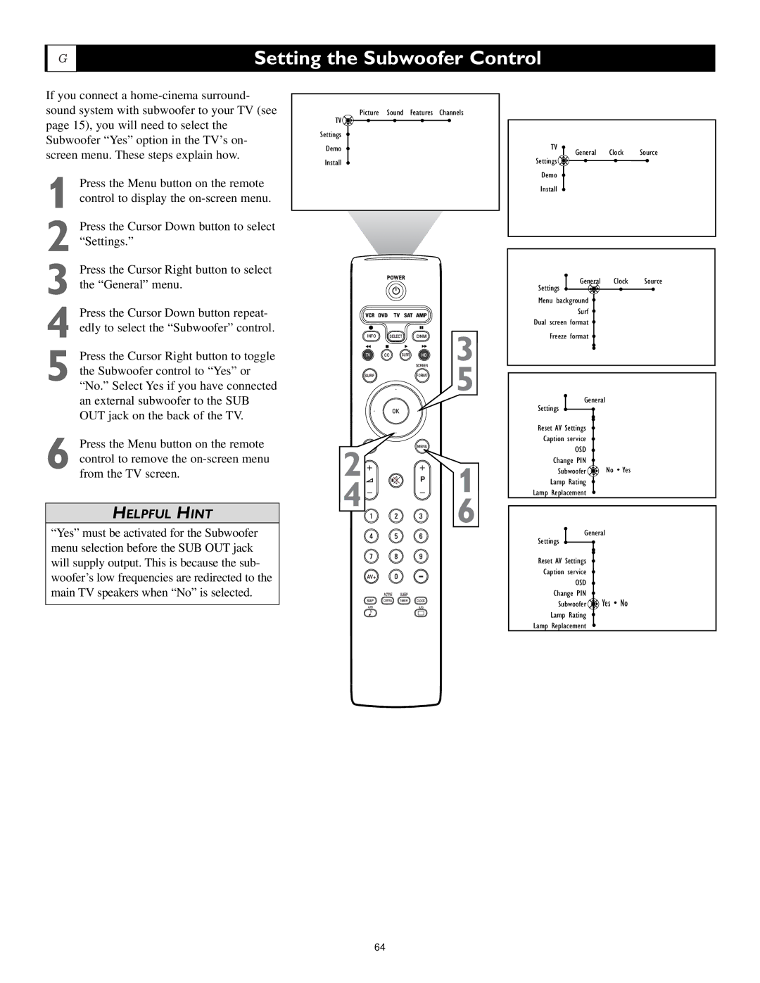 Philips 55PL9224, 62PL9524, 55PL9524 setup guide Setting the Subwoofer Control 