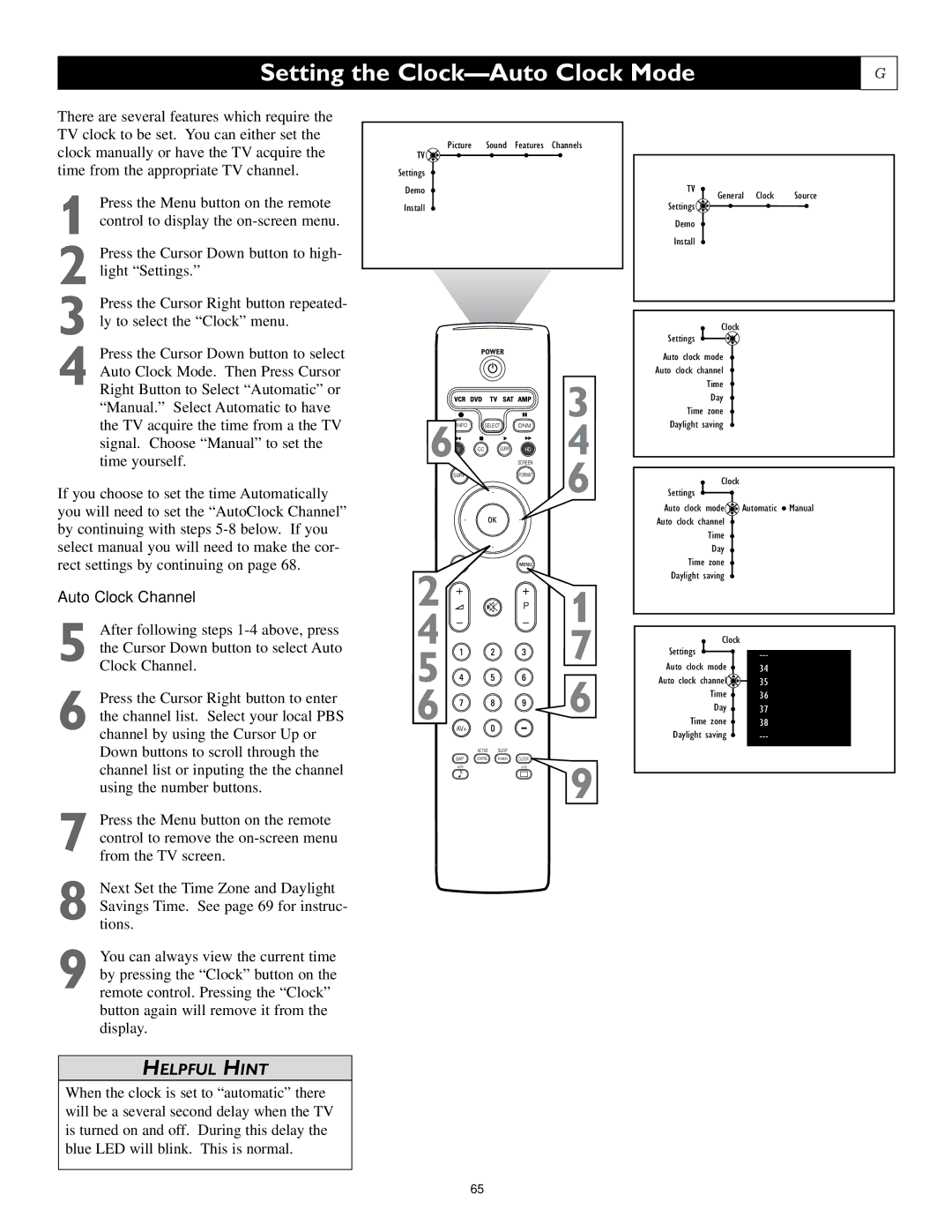 Philips 55PL9524, 62PL9524, 55PL9224 setup guide Setting the Clock-Auto Clock Mode, Auto Clock Channel 