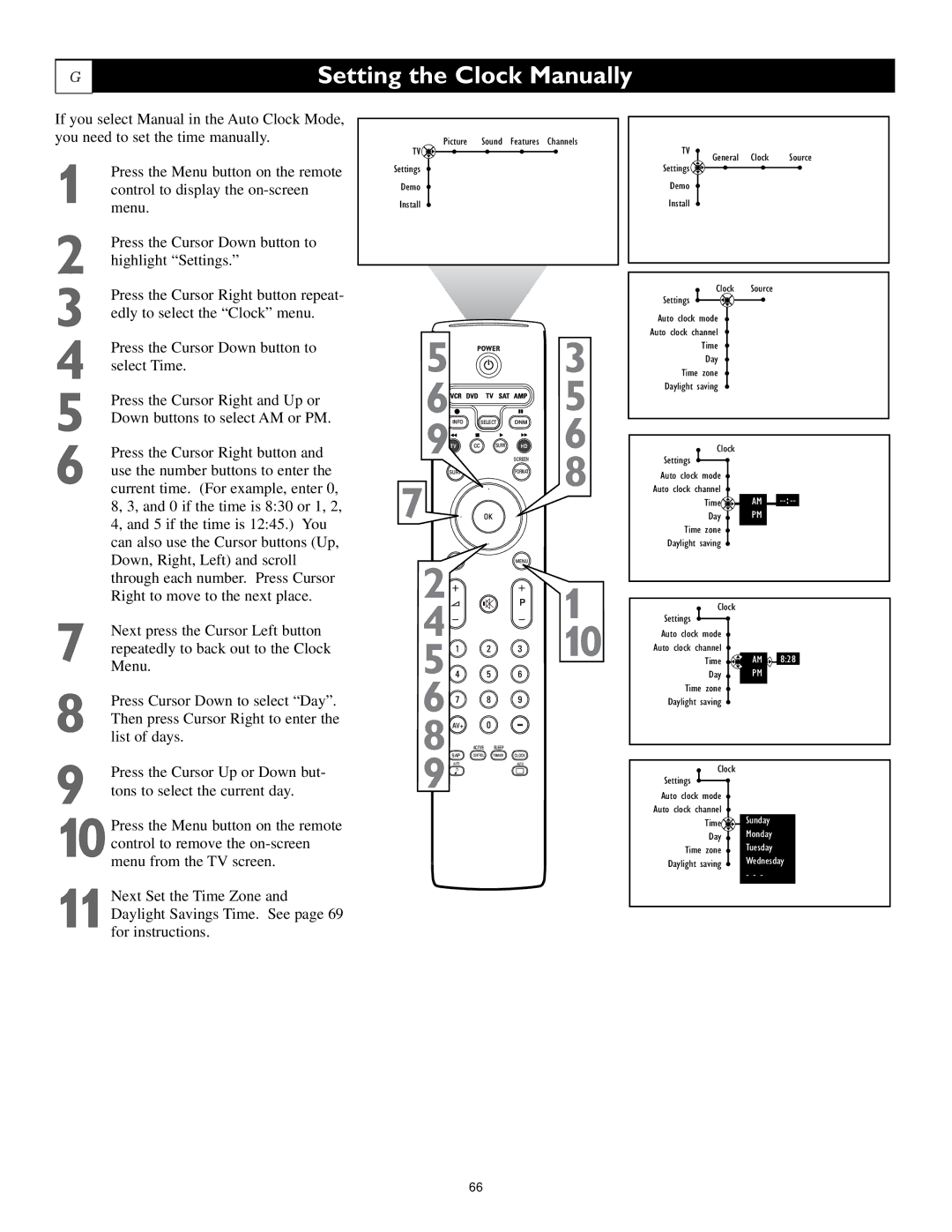 Philips 62PL9524, 55PL9224, 55PL9524 setup guide Setting the Clock Manually 