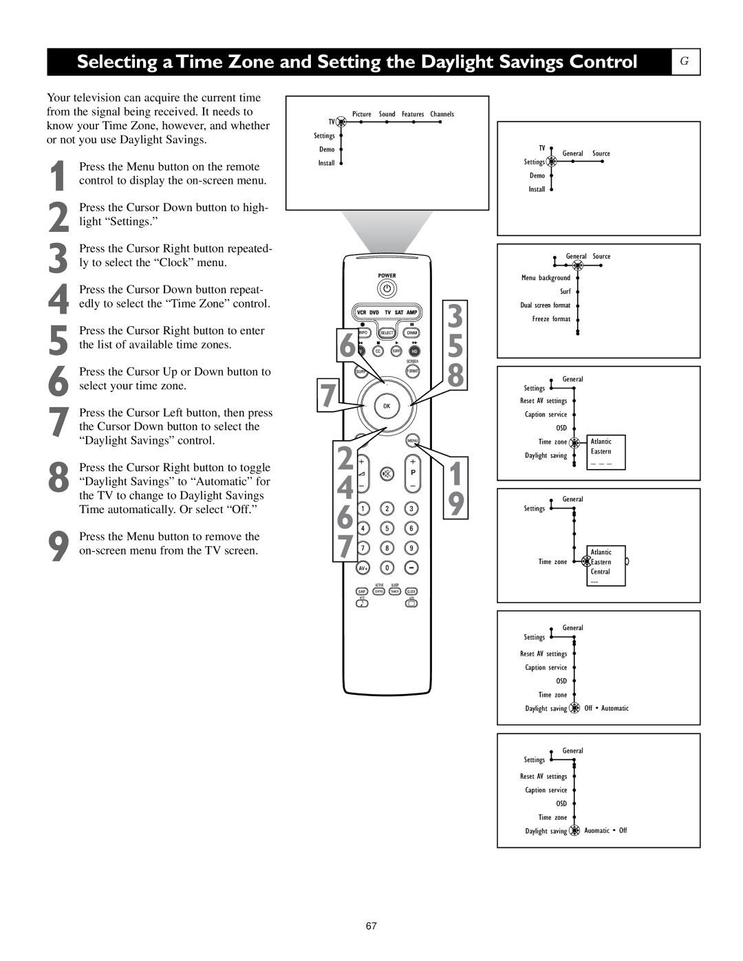 Philips 55PL9224, 62PL9524, 55PL9524 setup guide Time zone Atlantic Daylight saving Eastern General Settings 