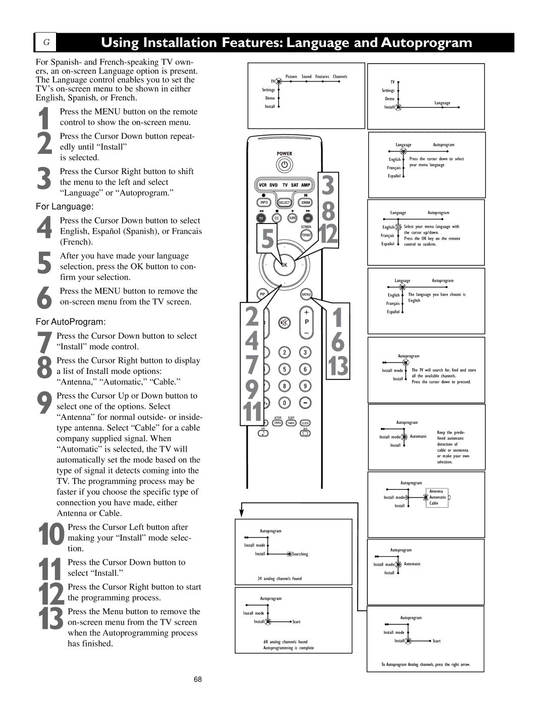 Philips 55PL9524, 62PL9524, 55PL9224 Using Installation Features Language and Autoprogram, For Language, For AutoProgram 