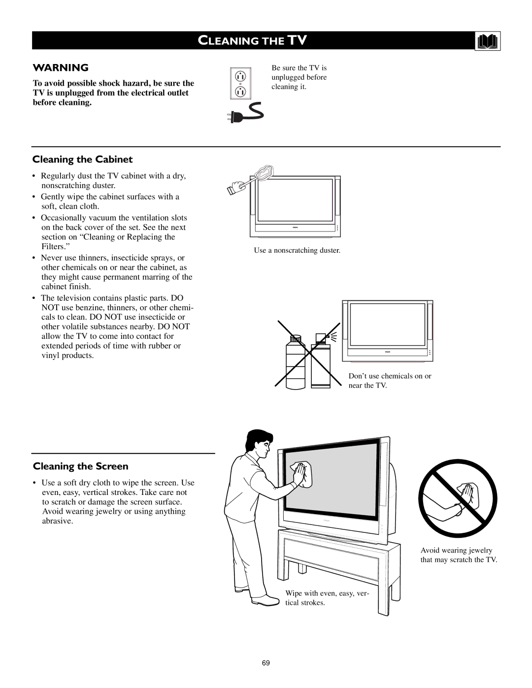 Philips 62PL9524, 55PL9224, 55PL9524 setup guide Cleaning the Cabinet, Cleaning the Screen 