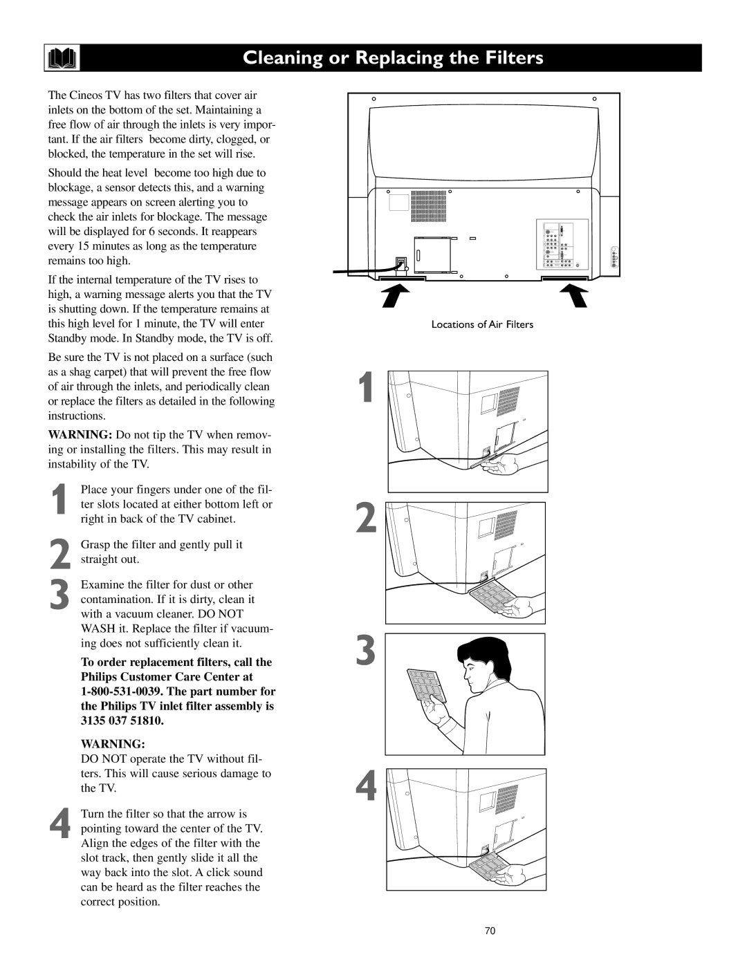 Philips 55PL9224, 62PL9524, 55PL9524 setup guide Cleaning or Replacing the Filters 