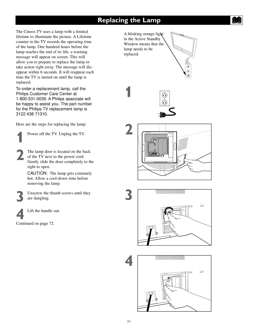 Philips 55PL9524, 62PL9524, 55PL9224 setup guide Replacing the Lamp 