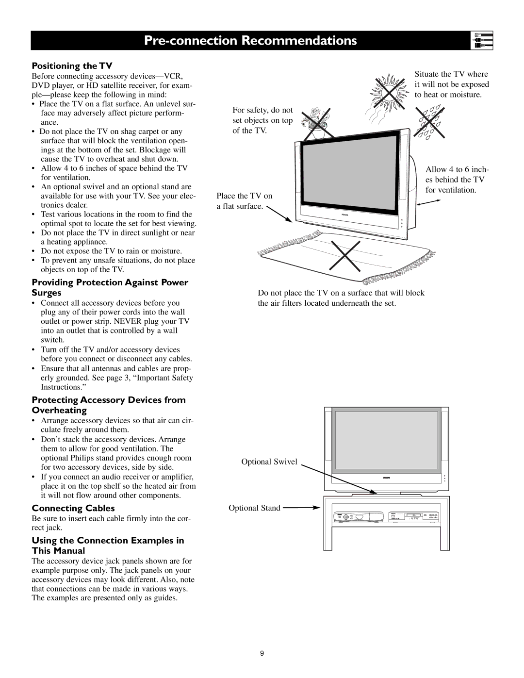 Philips 62PL9524, 55PL9224, 55PL9524 setup guide Pre-connection Recommendations, Positioning the TV 