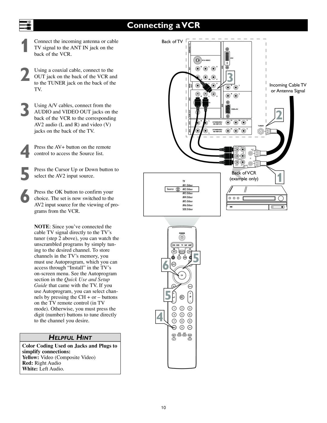 Philips 62PL9524, 55PL9524 Connecting a VCR, Helpful Hint, Color Coding Used on Jacks and Plugs to simplify connections 
