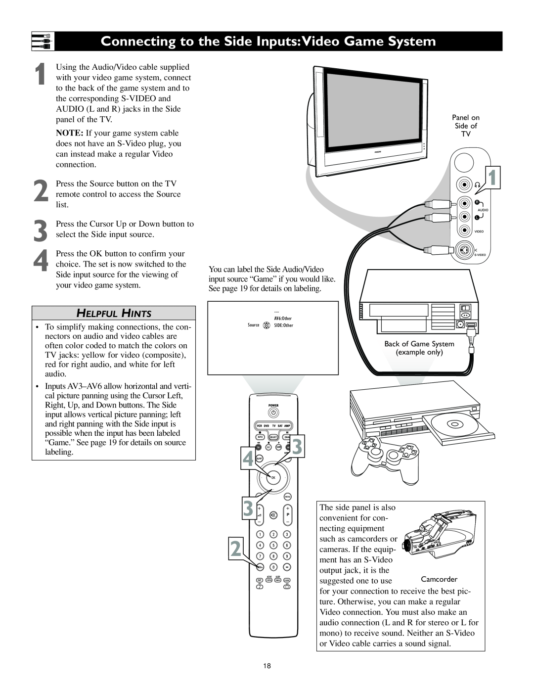 Philips 62PL9524, 55PL9524 setup guide Connecting to the Side InputsVideo Game System, Helpful Hints 