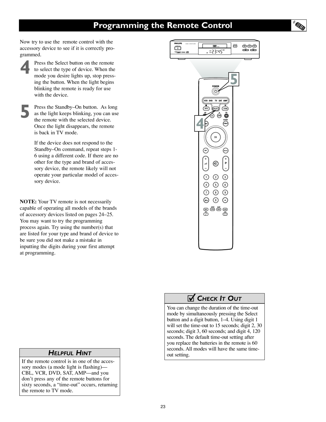 Philips 55PL9524, 62PL9524 setup guide Programming the Remote Control, Helpful Hint, c CHECK IT OUT 