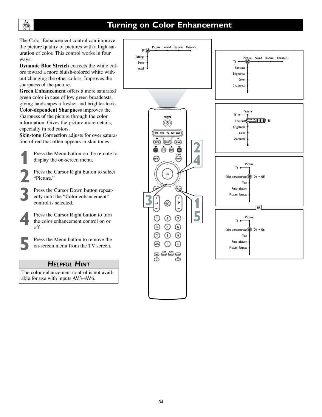Philips 62PL9524, 55PL9524 setup guide Turning on Color Enhancement, Helpful Hint, Color enhancement, Tint 