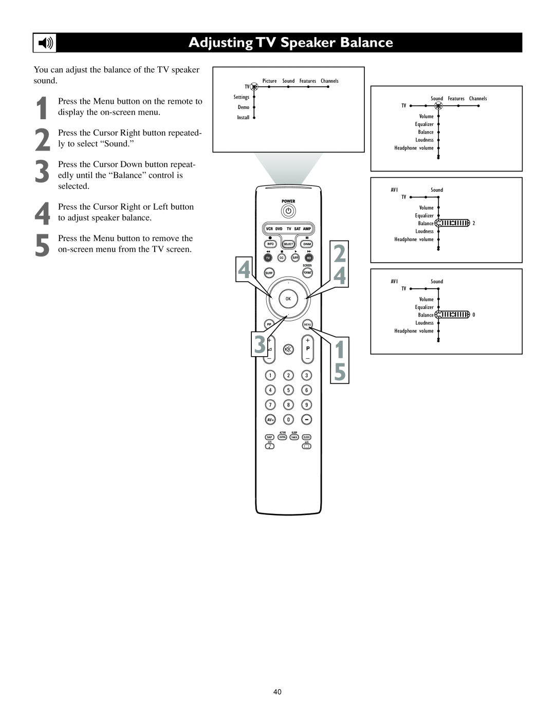 Philips 62PL9524, 55PL9524 setup guide Adjusting TV Speaker Balance, 3 P 1 