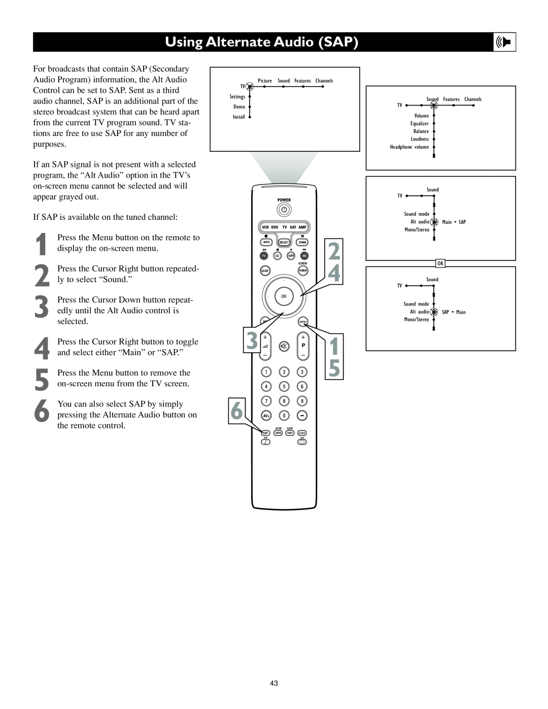 Philips 55PL9524, 62PL9524 setup guide Using Alternate Audio SAP, 6 AV+ 