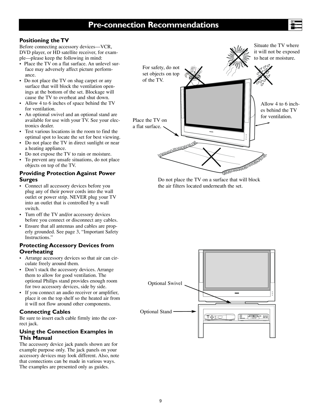 Philips 55PL9524, 62PL9524 Pre-connection Recommendations, Positioning the TV, Providing Protection Against Power Surges 