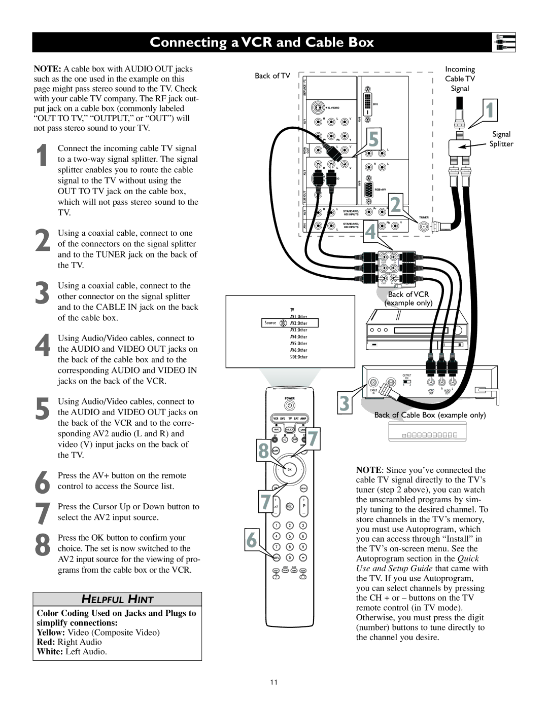 Philips 55PL9524, 62PL9524 setup guide Connecting a VCR and Cable Box 