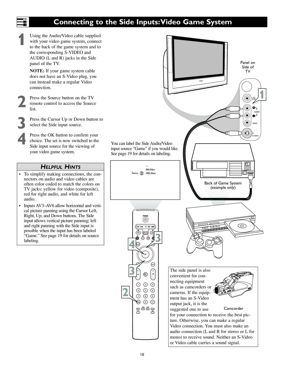 Philips 62PL9524, 55PL9524 Connecting to the Side InputsVideo Game System, Possible when the input has been labeled 