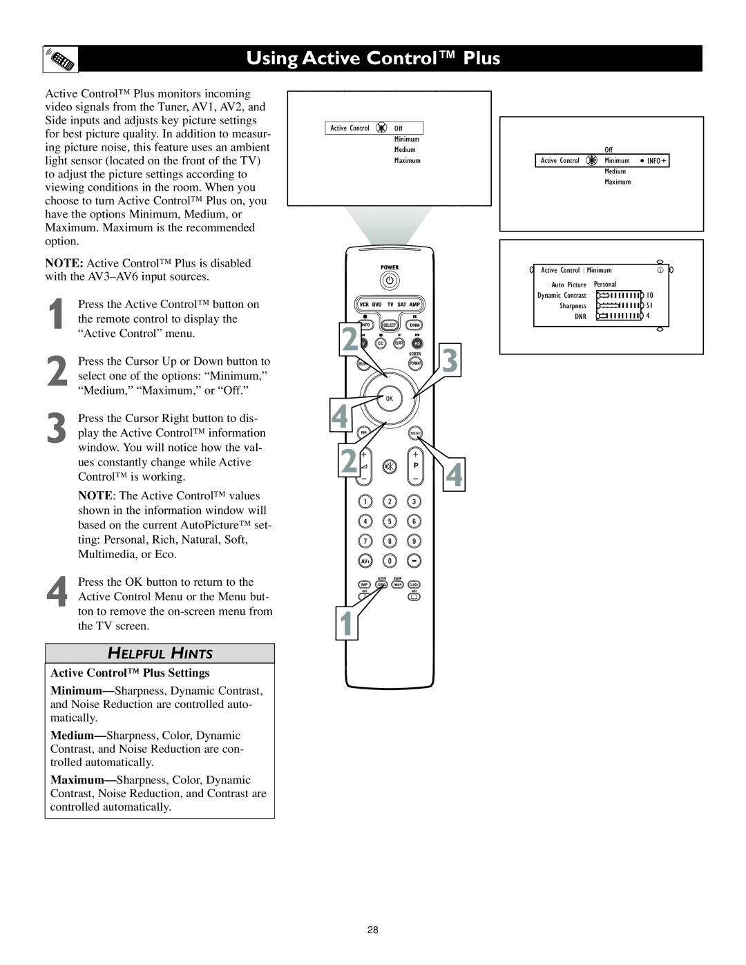 Philips 62PL9524, 55PL9524 setup guide Using Active Control Plus, Active Control Plus Settings 