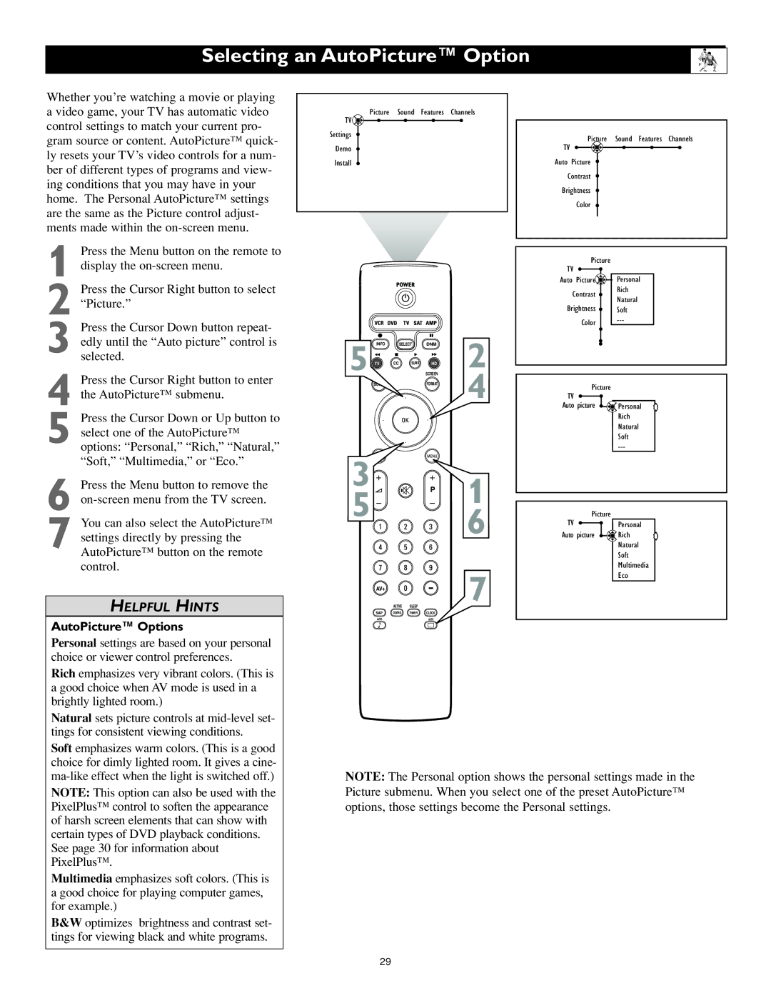 Philips 55PL9524, 62PL9524 setup guide Selecting an AutoPicture Option, AutoPicture Options 