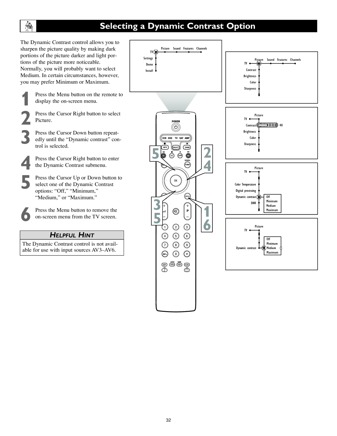 Philips 62PL9524, 55PL9524 setup guide Selecting a Dynamic Contrast Option, Press the Cursor Right button to select Picture 