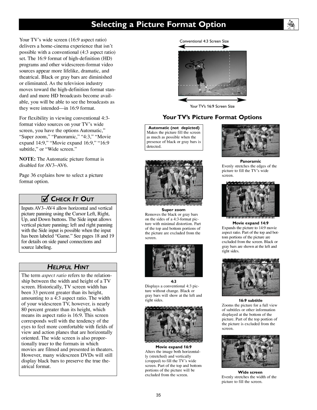 Philips 55PL9524, 62PL9524 setup guide Selecting a Picture Format Option, Your TV’s Picture Format Options 