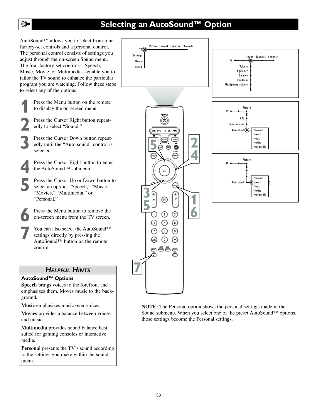 Philips 62PL9524, 55PL9524 setup guide Selecting an AutoSound Option, AutoSound Options 