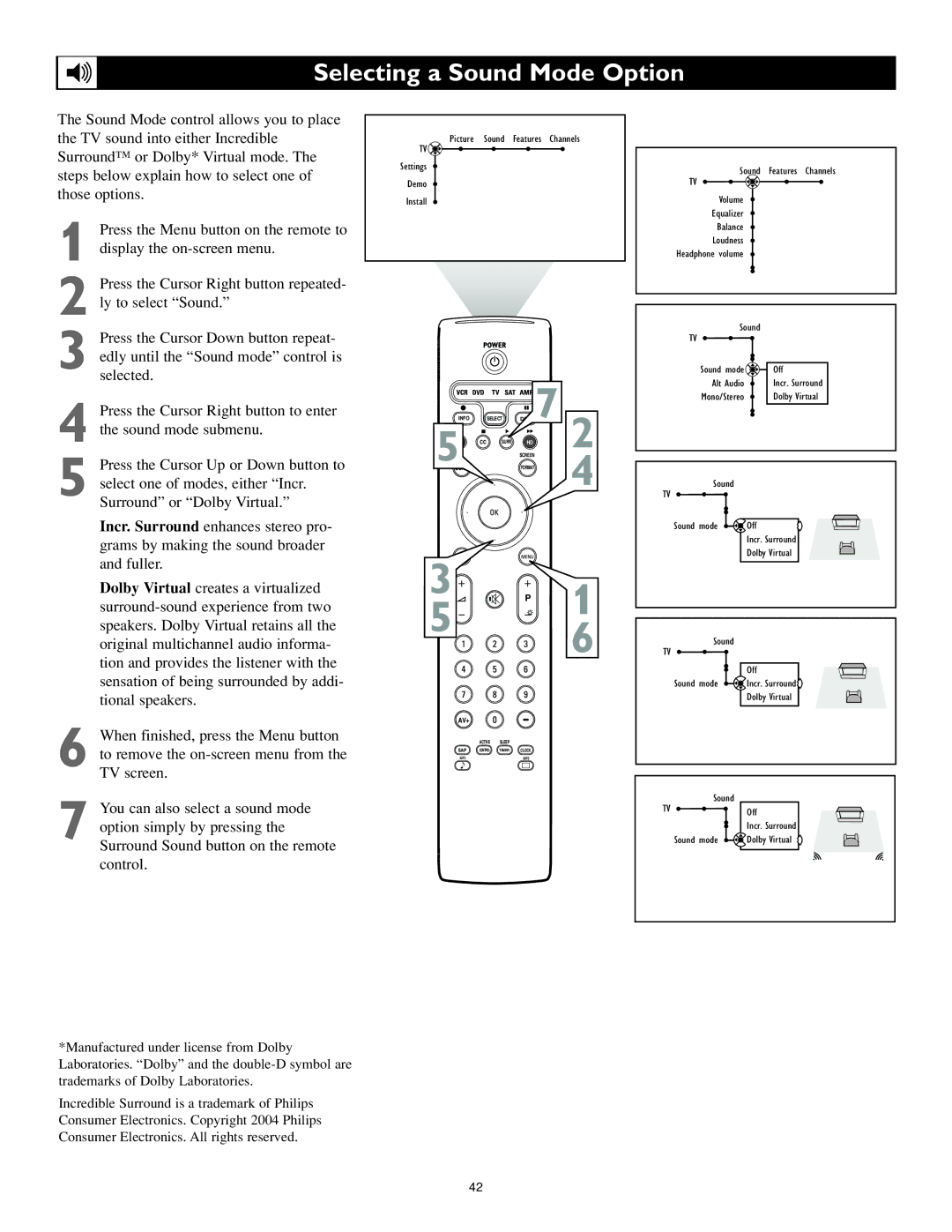 Philips 62PL9524, 55PL9524 setup guide Selecting a Sound Mode Option 