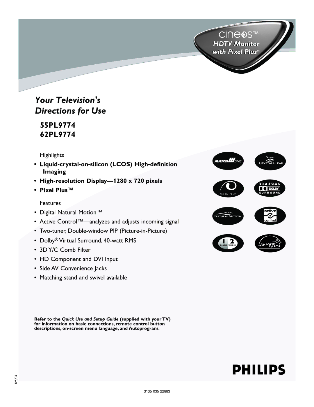 Philips setup guide 55PL9774 62PL9774 