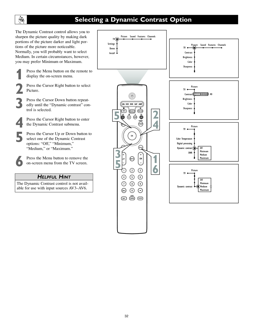 Philips 62PL9774, 55PL9774 setup guide Selecting a Dynamic Contrast Option, Press the Cursor Right button to select Picture 