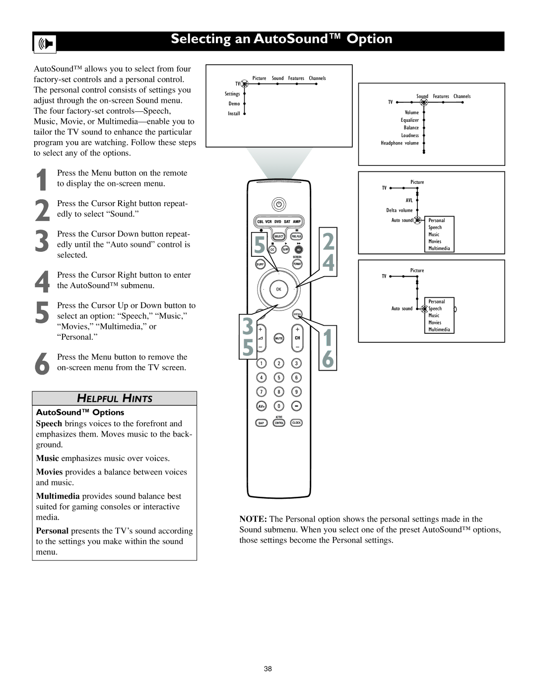 Philips 62PL9774, 55PL9774 setup guide Selecting an AutoSound Option, AutoSound Options 