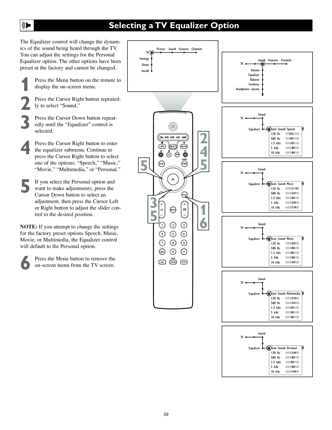 Philips 55PL9774, 62PL9774 setup guide Selecting a TV Equalizer Option 