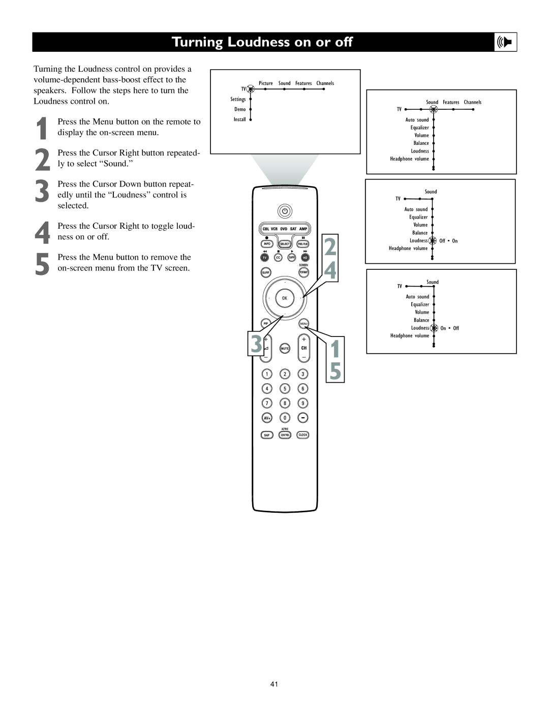 Philips 55PL9774, 62PL9774 setup guide Turning Loudness on or off 