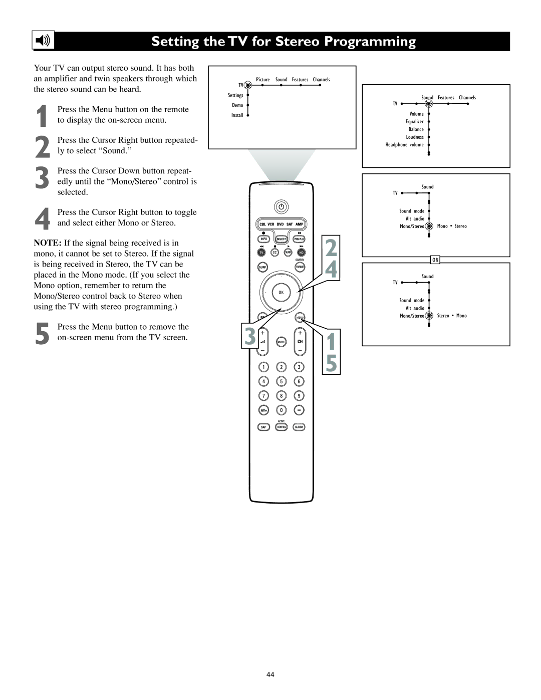 Philips 62PL9774, 55PL9774 setup guide Setting the TV for Stereo Programming 