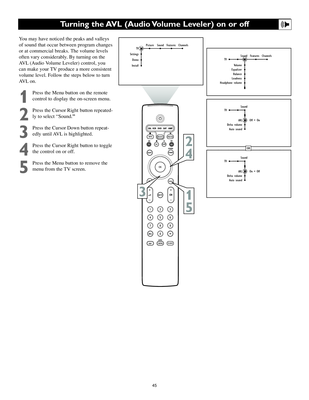 Philips 55PL9774, 62PL9774 setup guide Turning the AVL Audio Volume Leveler on or off 