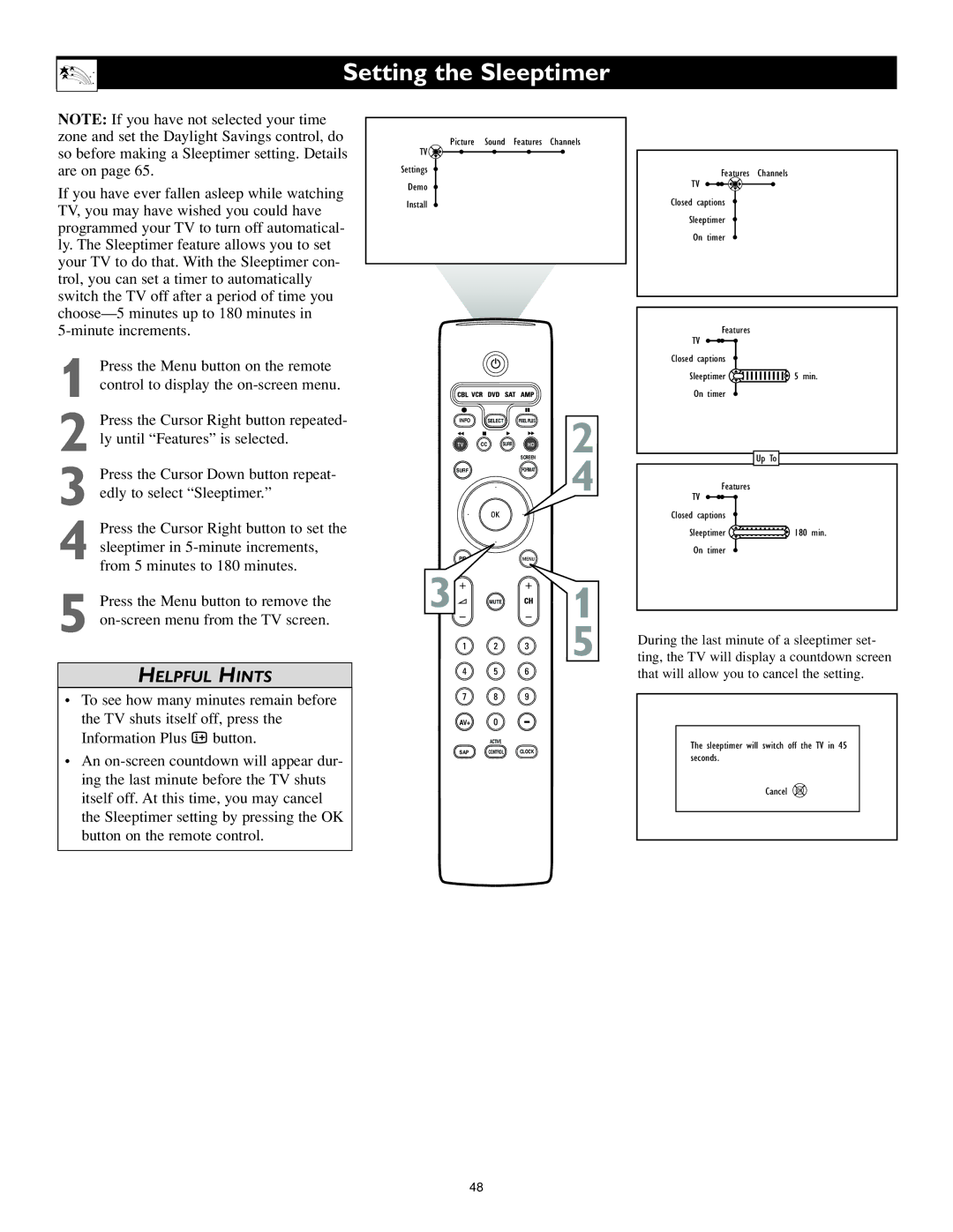 Philips 62PL9774, 55PL9774 setup guide Setting the Sleeptimer, On-screen menu from the TV screen 