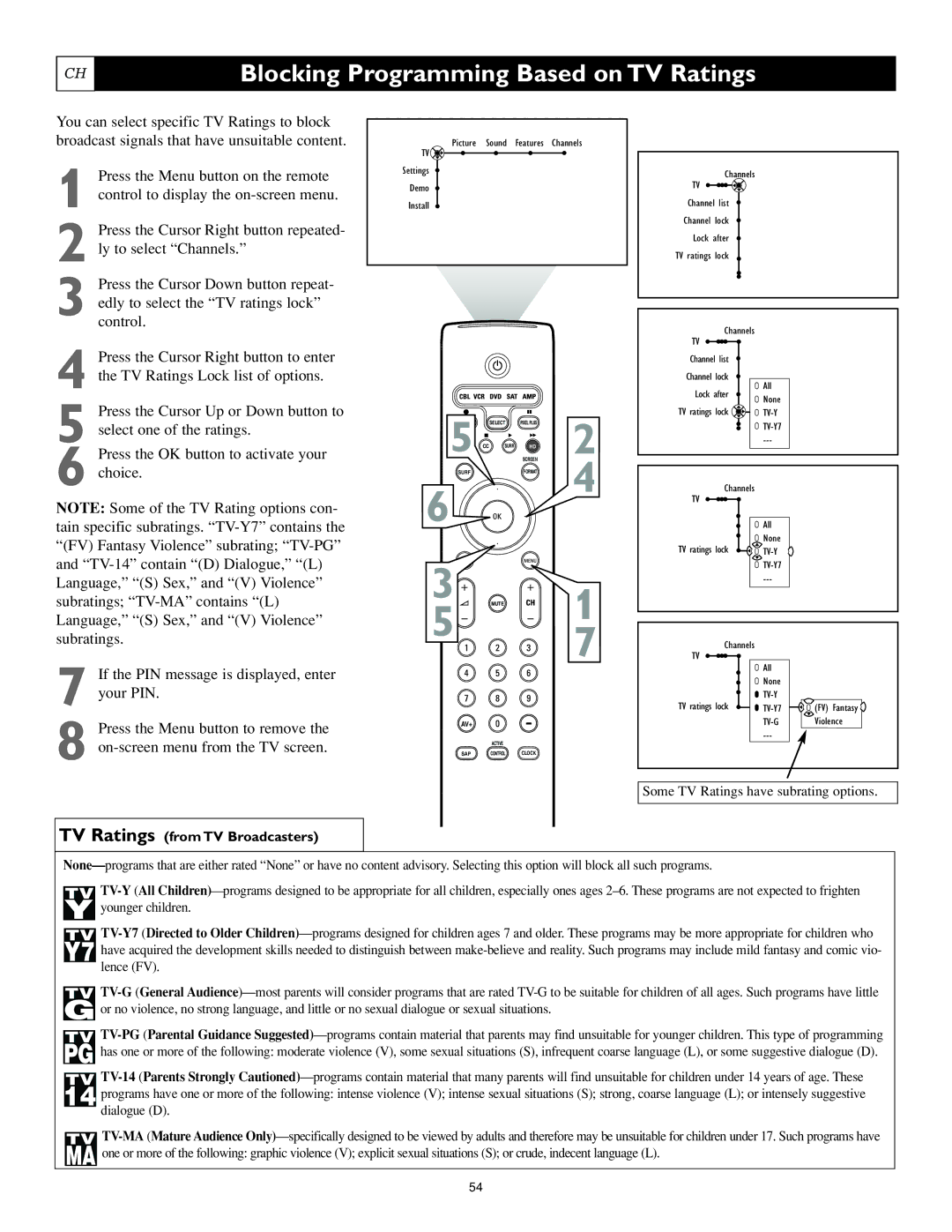 Philips 62PL9774, 55PL9774 setup guide Blocking Programming Based on TV Ratings, TV Ratings from TV Broadcasters 