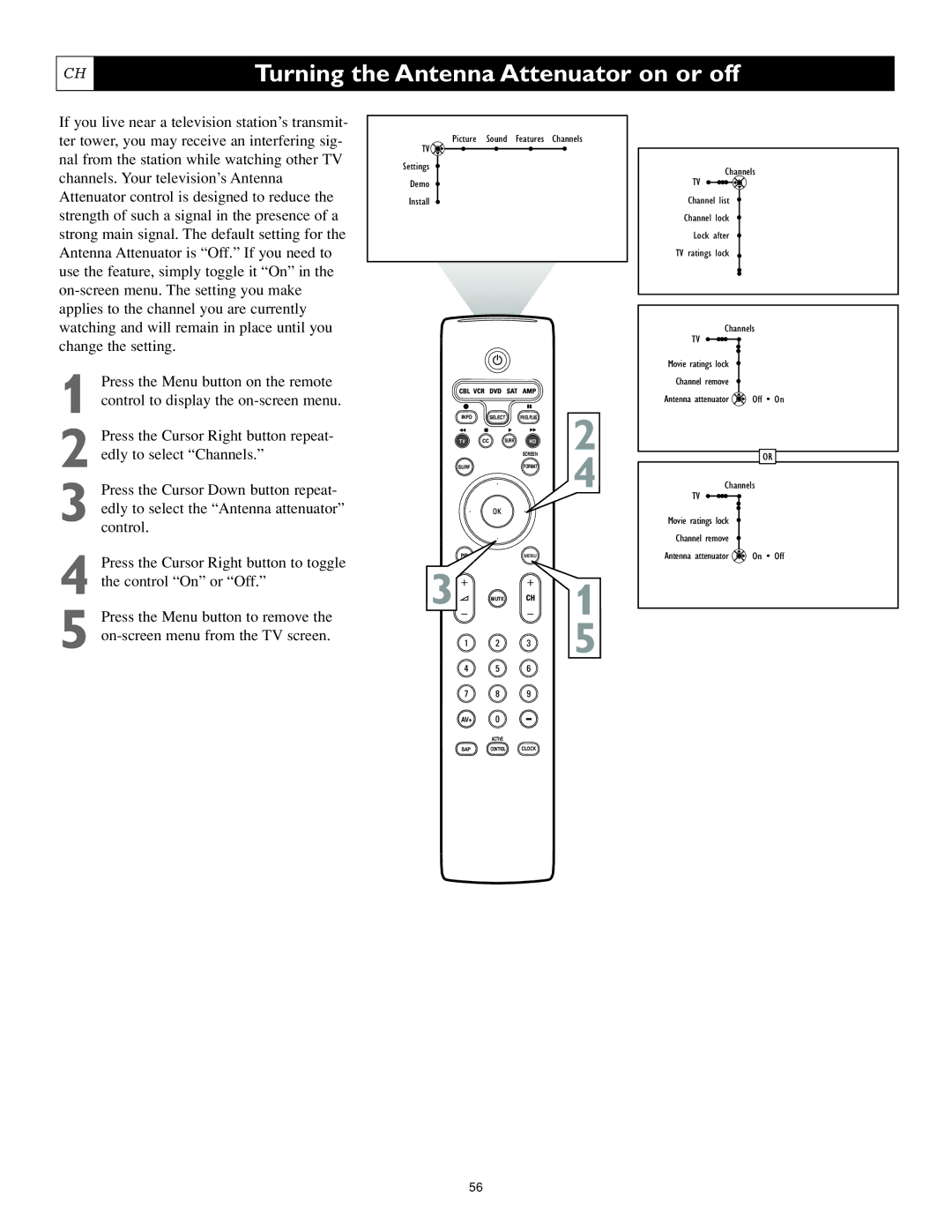 Philips 62PL9774, 55PL9774 setup guide Turning the Antenna Attenuator on or off 