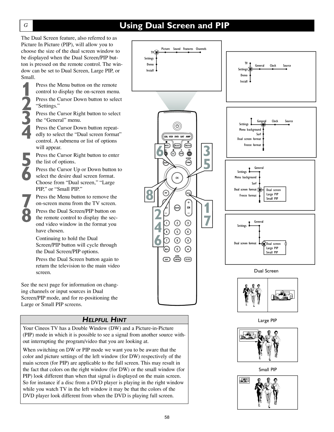 Philips 62PL9774, 55PL9774 setup guide Using Dual Screen and PIP 