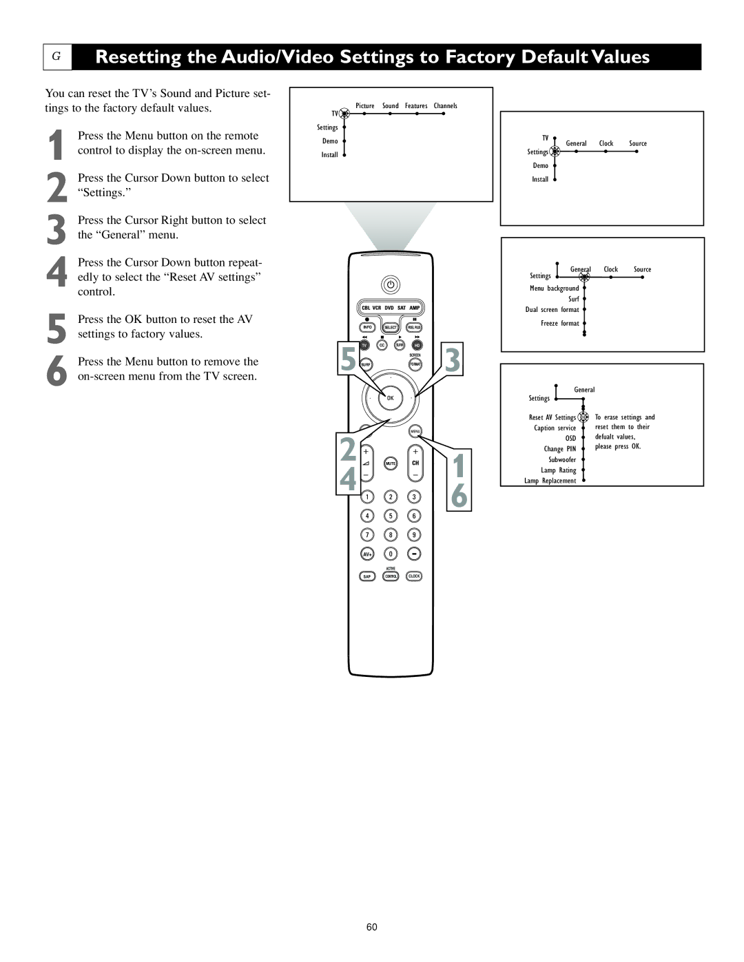 Philips 62PL9774, 55PL9774 setup guide Resetting the Audio/Video Settings to Factory Default Values 