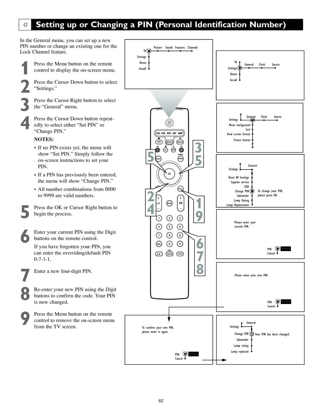 Philips 62PL9774, 55PL9774 setup guide Setting up or Changing a PIN Personal Identification Number 