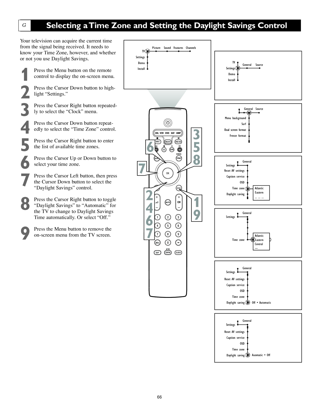 Philips 62PL9774, 55PL9774 setup guide Time zone Atlantic Daylight saving Eastern General Settings 