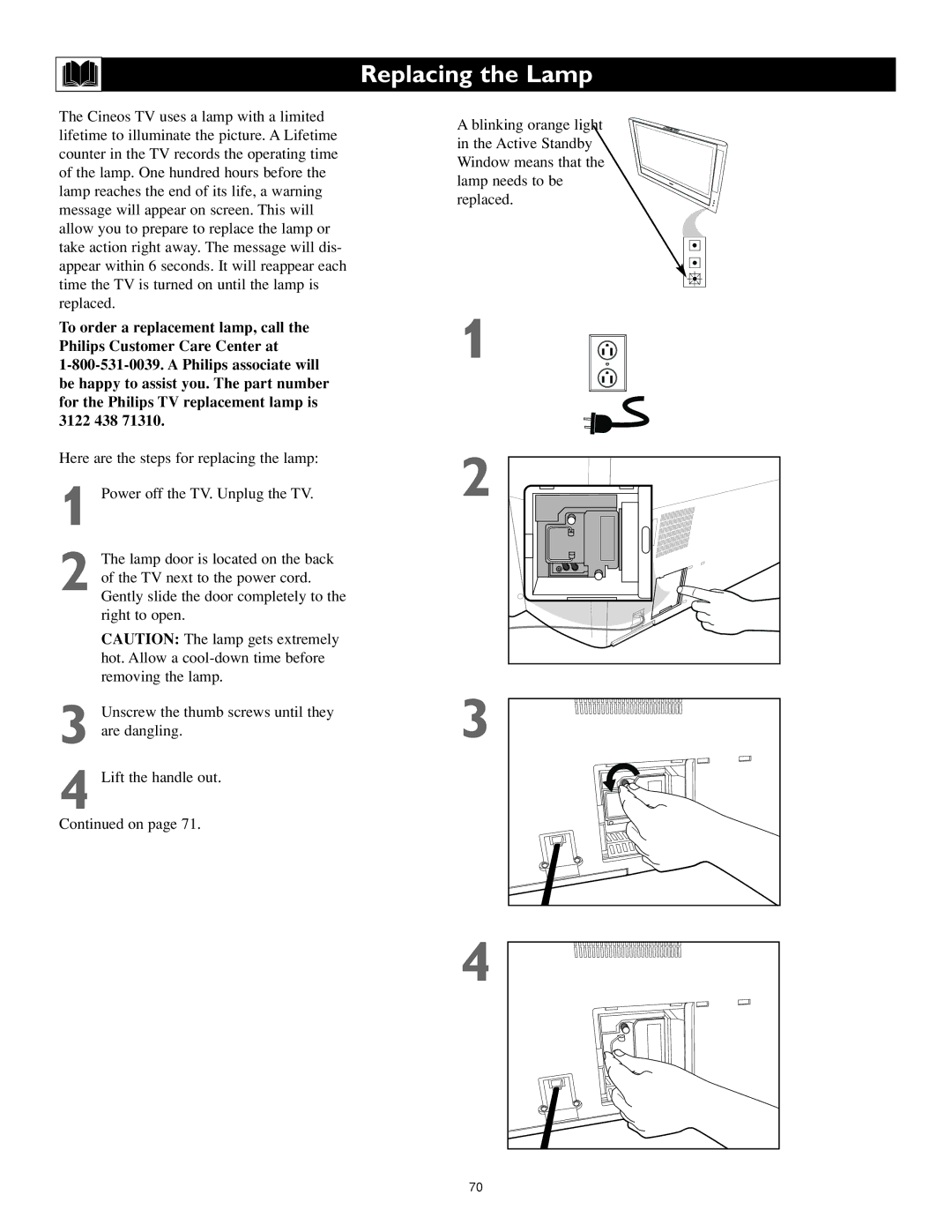 Philips 62PL9774, 55PL9774 setup guide Replacing the Lamp 