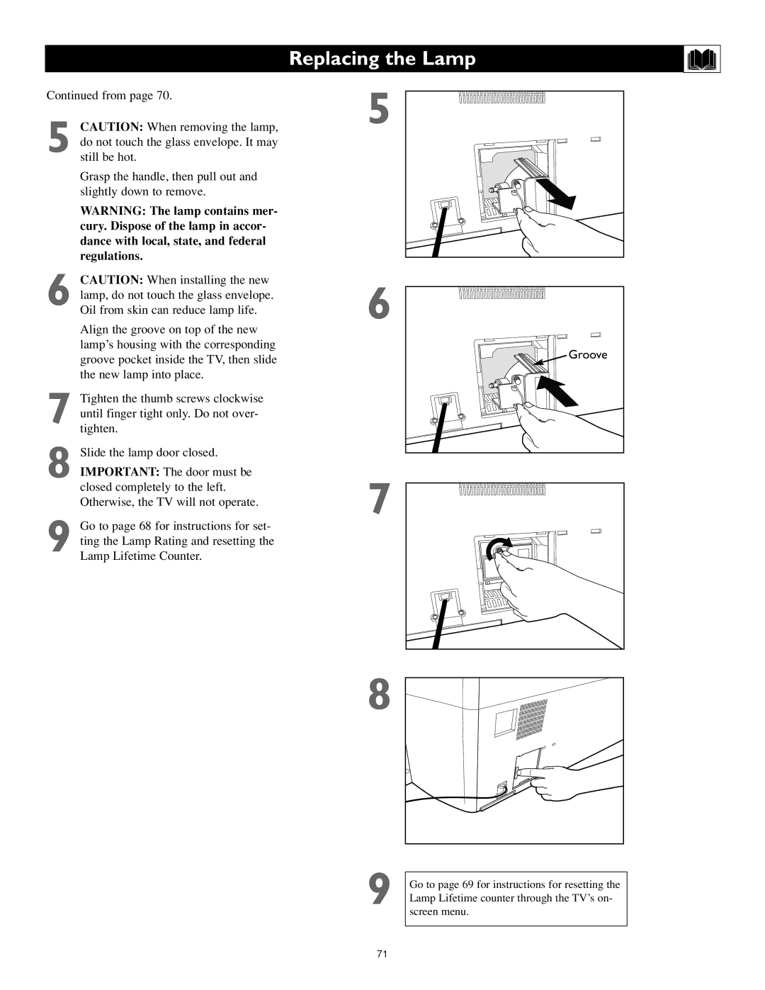 Philips 55PL9774, 62PL9774 setup guide Replacing the Lamp 