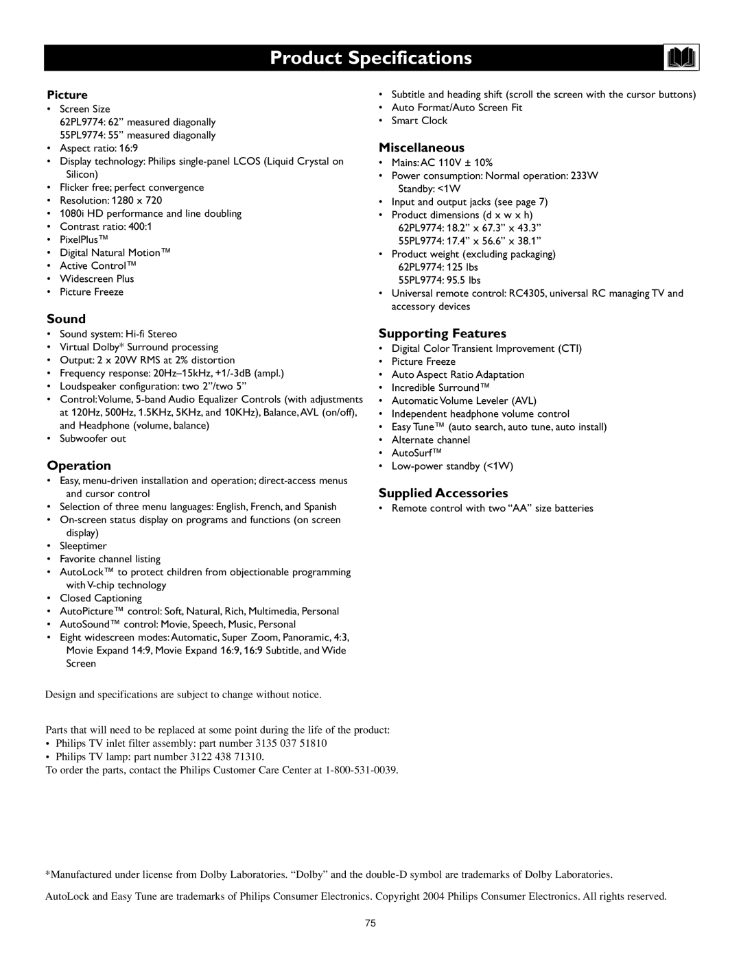 Philips 55PL9774, 62PL9774 setup guide Product Specifications, Picture 