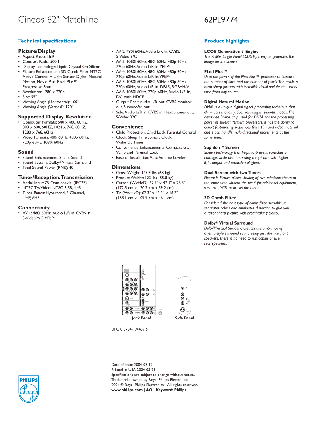 Philips 62PL9774 manual Picture/Display, Supported Display Resolution, Sound, Tuner/Reception/Transmission, Connectivity 