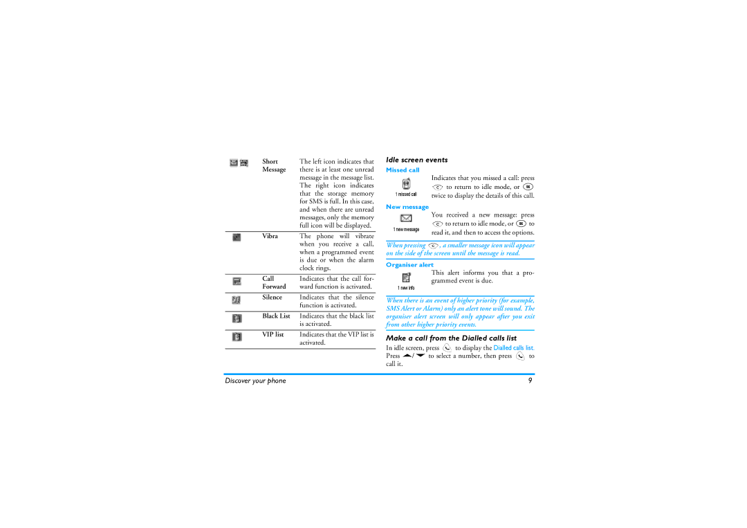 Philips 630 manual Idle screen events, Make a call from the Dialled calls list, Short The left icon indicates that 