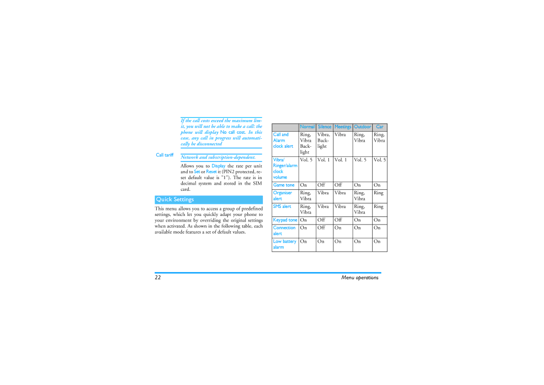 Philips 630 manual Quick Settings 