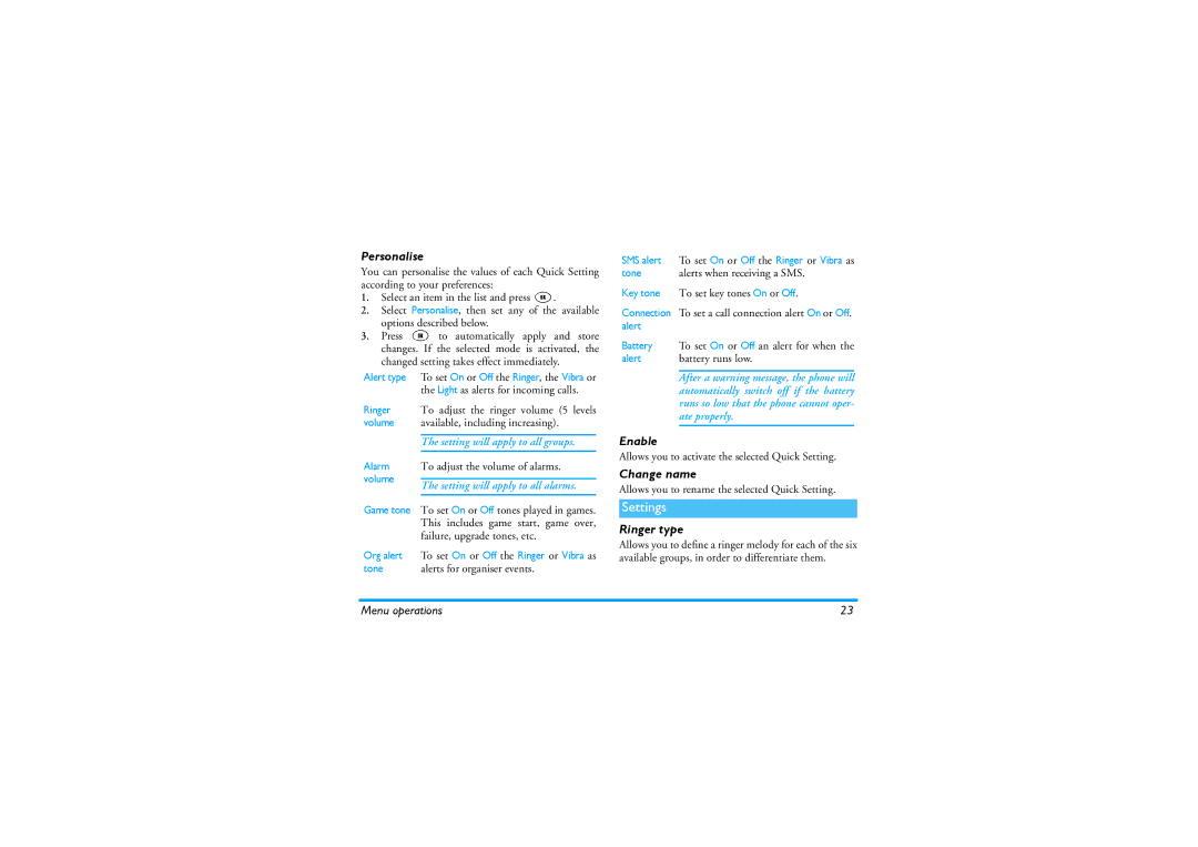 Philips 630 manual Settings, Personalise, Enable, Change name, Ringer type 