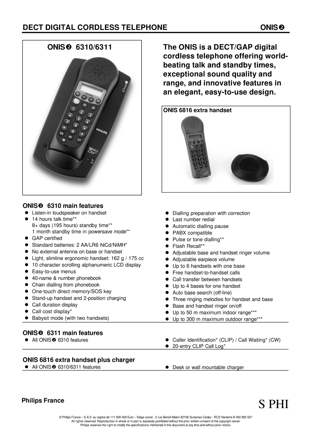 Philips 6311, 6310 specifications Phi, Dect Digital Cordless Telephone Onis 